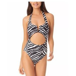 California Waves Juniors Zebra Print Cutout One Piece Swimsuit Black Size Large